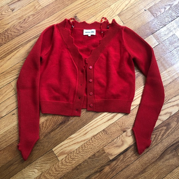 Red Knit Cardigan Sweater with Ribbed Trim - Picture 1 of 6